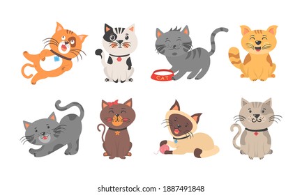 Cute kittens playing, stretching and sleeping. Different amusing pets isolated on white background. Cartoon cat characters collection. Flat color simple style design. Vector illustration, eps 10.