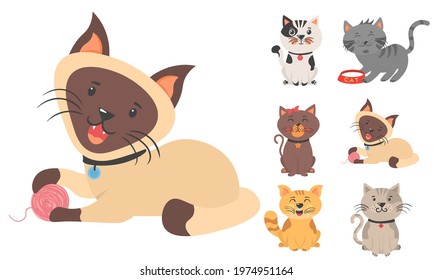 Cute kittens playing, stretching and sleeping. Cartoon cat characters collection. Flat color simple style design. Different amusing pets isolated on white background. Vector illustration, eps 10.