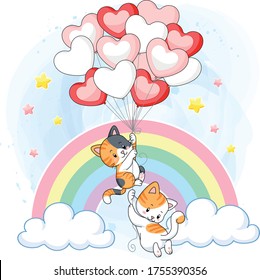 cute kittens playing together with heart air balloons