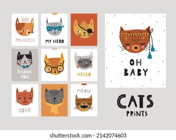 Cute kittens posters. Childish prints with different emotions - joy, anger, happines and others. Vector illustration.