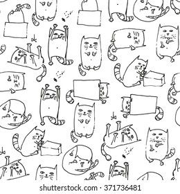 Cute kittens seamless background in various poses, hand drawn, painted. Vector illustration
