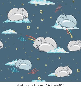 Cute kittens seamless pattern. Home pets background. Sketch. Vector illustration art. Realistic portraits of animal. blue hand drawing of cats. cats sleep in the clouds.
