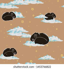 Cute kittens seamless pattern. Home pets background. Sketch. Vector illustration art. Realistic portraits of animal. black hand drawing of cats. cats sleep in the clouds
