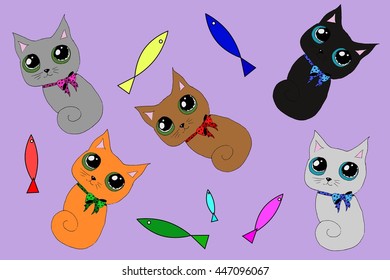 Cute kittens set. Hand drawn vector stock illustration. Colored image