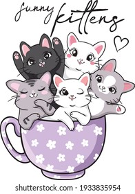 Cute kittens sit in a large mug. Print