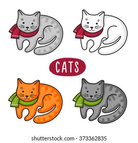 Cute kittens of various colors. Cats in scarves. Set of cartoon characters illustration. 