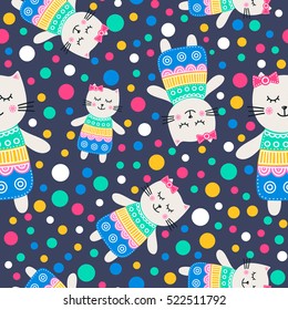 Cute kittens. Vector seamless pattern with hand drawn flat cat girls in dress and dots. Childish background. Bright colors - white, yellow, pink, green, blue. On black background.