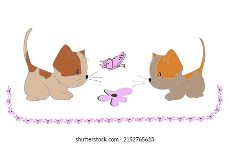 cute kittens,butterfly and flowers,decorative set.Vector illustration isolated on a white background.High quality.Illustration by layers.print for your design project