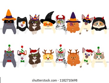 cute kitties border set with Halloween costumes and with Christmas costumes