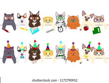 cute kitties border set with school items and with party hats and ties