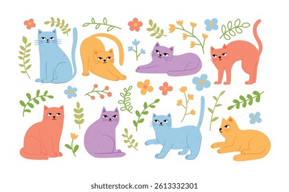 Cute kitties in different poses and cute floral botanical elements set. Trendy modern cute cats, kittens, leaves and flowers collection. Hand drawn pastel delicate flat vector clipart.