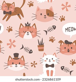 Cute kitties seamless pattern. Pet objects and cats isolated on light pink background. Nursery decoration. Square repeat pattern design. Vector illustration.