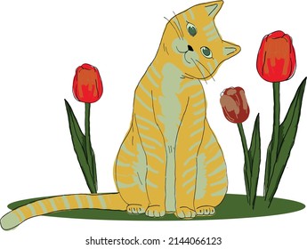 Cute kitty among the tulips. Vector file.