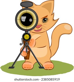 A cute kitty is armed with a sniper rifle and is taking aim.