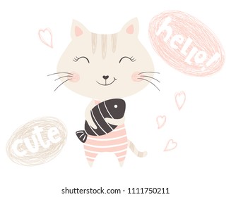 Cute kitty baby print. Sweet cat with fish and vest. Fashion child vector. Cool scandinavian illustration for t-shirt, kids apparel, invitation design