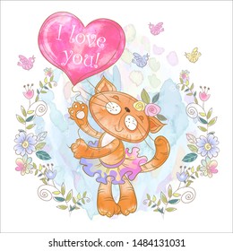 Cute kitty with a balloon in the form of a heart. Valentine. I love you. Vector. Watercolor.