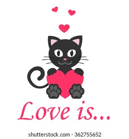 cute kitty black with heart and text