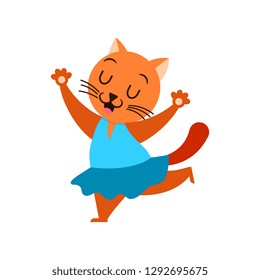 Cute kitty in blue dress dancing. 