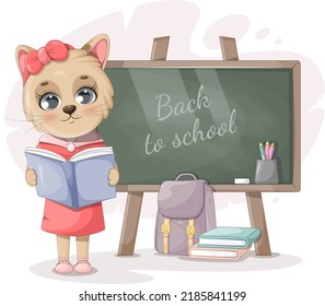 Cute kitty with a book, school board, briefcase, pencils and books