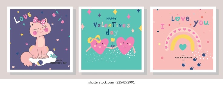 Cute kitty with a bow.Two hearts.Beautiful, funny, amazing Valentine's Day. Vector illustration.