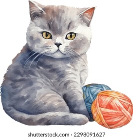 Cute Kitty British Shorthair Cat and Yarn Aquarell