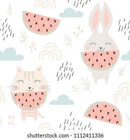 Cute kitty and bunny seamless pattern with watermelon. Summer time print. Sweet cat and rabbit with fruit. Fashion child vector. Cool scandinavian illustration