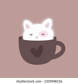 Cute kitty cat in cup. Cat humor illustration. Cup of coffee. Good morning. Hand drawn vector character. Animal flat clipart. Cartoon for kids game, book, t-shirt, cards, print, textile, poster