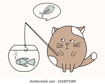 Cute kitty cat fishing drawing in cartoon style. Adorable kitten paint with fish in aquarium for postcards and gift cards