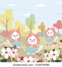 Cute a kitty cat having fun with pink  flower in  the garden,illustration vector doodle comic art for any card.