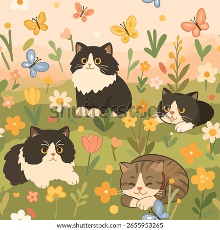 Cute kitty cat having fun in flower garden with butterfly seamless pattern