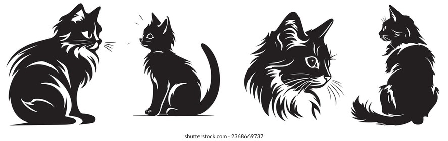 cute kitty cat kitten icons black vector elements set