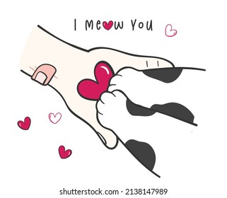 cute kitty cat paw on human hand cartoon drawing outline, love and trust concept 