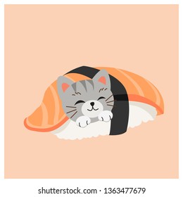 cute kitty cat in sushi, Salmon sushi.