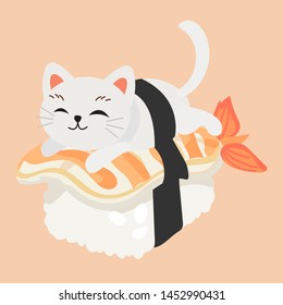 Cute kitty cat in sushi. Shrimp sushi.