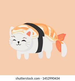 Cute kitty cat in sushi. Shrimp sushi.