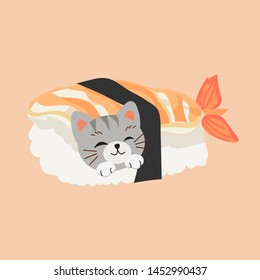 Cute kitty cat in sushi. Shrimp sushi.