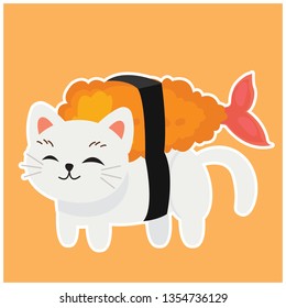 cute kitty cat in sushi, tempura shrimp sushi, fried shrimp sushi.