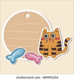Cute kitty cat tag banner or label. Cat vector illustration tag. Orange cat with cat toys. 