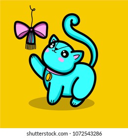 Cute kitty cat vector illustration  on yellow background.
