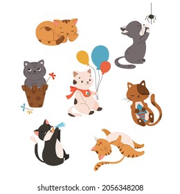 Cute kitty cat vector illustration set with different cats poses, toys, and food