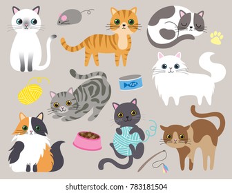 Cute kitty cat vector illustration set with different cat breeds, toys, and food.