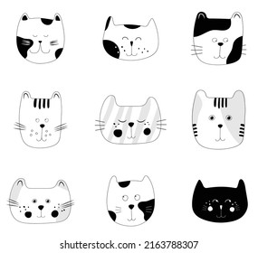 Cute kitty cats cartoon design set with different hair color and stripes. Collection of feline animals kitten drawings