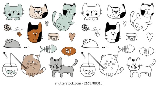 Cute kitty cats cartoon design set for coloring book for children. Collection of feline animals kitten drawings