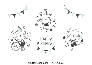 Cute kitty cats characters collection. Kids happy birthday party icon set. Hand drawn baby shower design illustration.