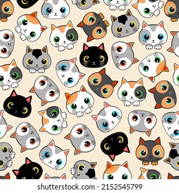 Cute Kitty Cats Characters in Kawaii Style, Created on Vector Graphic Art Technique, assembled to compose a Vector Seamless Textile Repeat Pattern. Design Copyright BluedarkArt TheChameleonArt.
