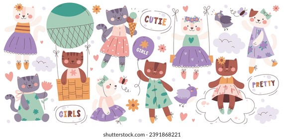 Cute kitty cats girl characters wearing pretty dress holding balloons, flying on cloud, playing, smelling flower, catching butterfly vector illustration. Girlish feline mascot for greeting card design