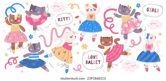 Cute kitty cats little beautiful ballerina, gymnast, dancer or magic fairy character wearing tutu dress apparel performing on stage with ribbon tape isolated set vector illustration with inscription