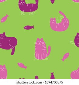 Cute Kitty Cats Seamless Pattern With Fish