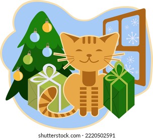 Cute kitty with christmas tree and gift boxes near the window and snowfall