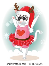 Un Kitty lindo bailando con nieve en el día de invierno. Cute vector cartoon gato plano.